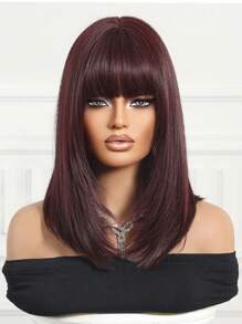Comfortable Natural Bend 14-Inch Burgundy Short Bob Wig With Bangs Layered Fashion Wig For Women Synthetic Fiber Wigs Perfect For Holiday Travel Family Gatherings Everyday Wigs - 酒紅色 - 查看 5