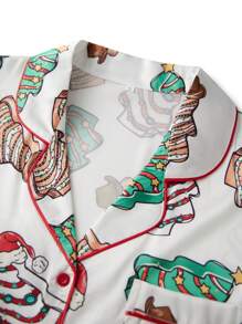Women Christmas Pajamas Sets Cute Satin Silk PJs 2 Piece Outfits Long Sleeve Button Down Santa Claus Shirt Lounge Shorts Sets - Tan - View 5