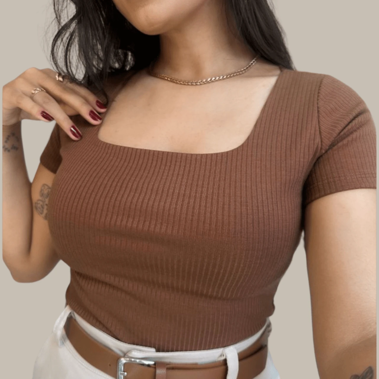 Women's Ribbed Blouse Square Neck Short Sleeve Casual Everyday Blouse - Óxido marrón - Ver 1