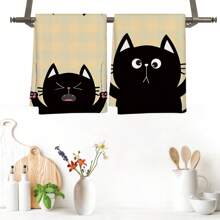 2 件套黑猫格纹图案手巾、日常厨房洗碗巾、家居装饰茶巾