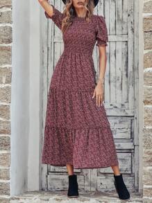 Women Casual Summer Crew Neck Ruffle Short Sleeve Floral Print Polka Dots Smocked Dress Button Keyhole Back Spring Boho Bohemia Tropical Flowy Beach Holiday Vacation Valentine Long Maxi Dress - Burgundy - View 4