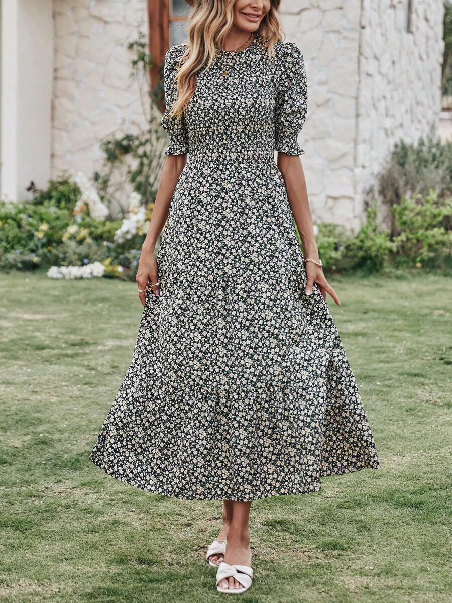 Women Casual Summer Crew Neck Ruffle Short Sleeve Floral Print Polka Dots Smocked Dress Button Keyhole Back Spring Boho Bohemia Tropical Flowy Beach Holiday Vacation Valentine Long Maxi Dress - 黑色+杏色 - 查看 1