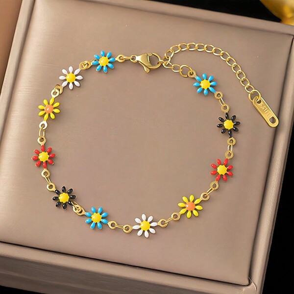 1pc Women Stainless Steel Colorful Daisy Flower Chain Bracelet, Fashion Everyday Versatile