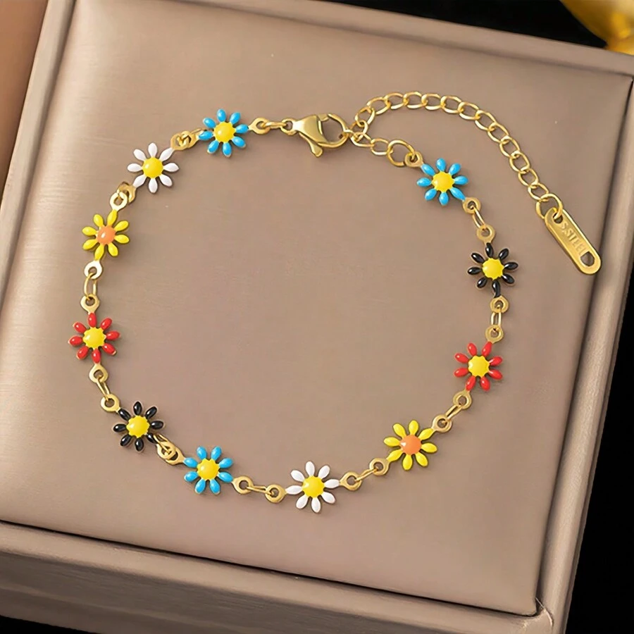1pc Women Stainless Steel Colorful Daisy Flower Chain Bracelet, Fashion Everyday Versatile - Multicolor - View 1
