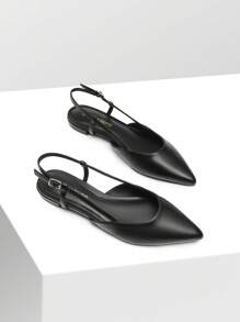 Women Flats Slingback Pointed Toe Elegant Lady Ballet Flats With Adjustable Buckle Strap Chic Fashion Low Heel Dress Casual Work Office Party Shoes - 黑色 - 查看 7