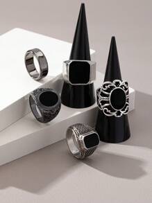 5pcs Vintage Silver Color Rings Set With Embedded Black Gemstones, Retro Elegant Hip-Hop Style, Suitable For Gifts And Daily Wear - Antique Silver - View 5