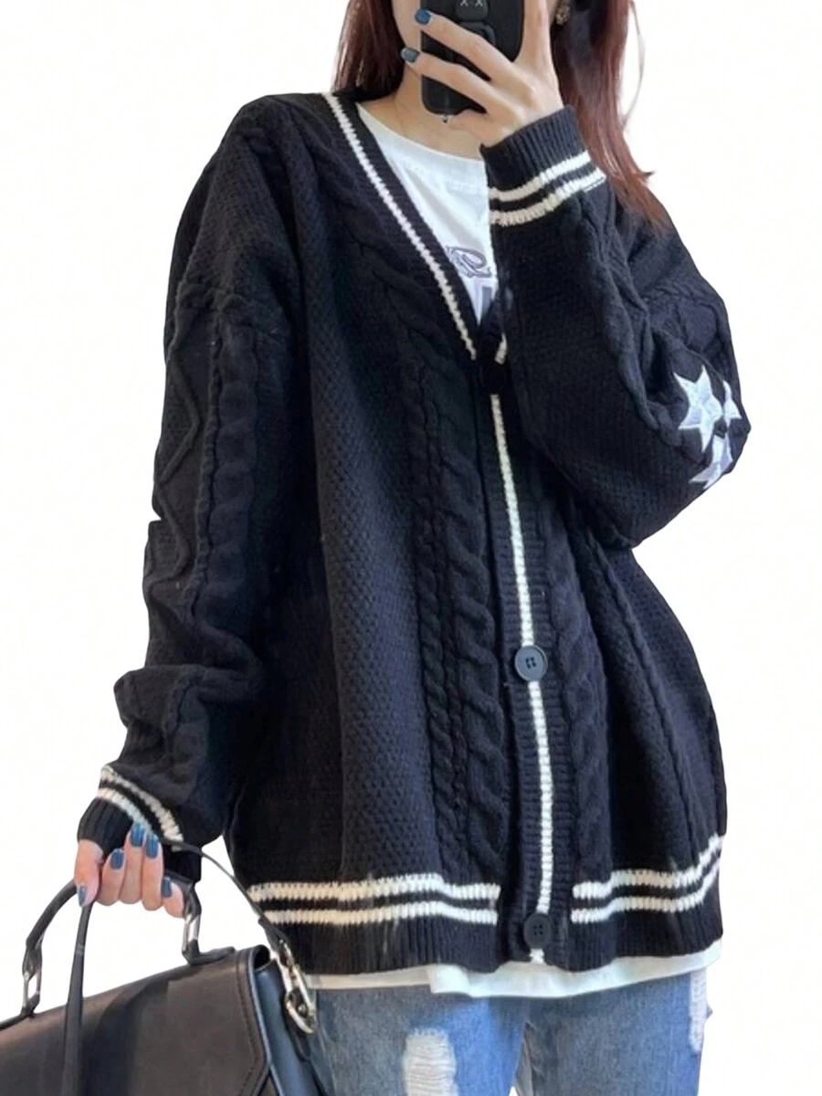 Women's Knit Cardigan  Autumn Winter Long Sleeve V Neck  Star Print Button Down  Cozy Knitwear - màu đen - Xem 1