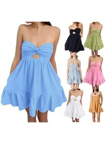 Women Twisted Tube Dress Ruched Boat Neck Cut-Out Backless Sleeveless Double Pockets Flowy Ruffled Dresses - 白色 - 查看 3