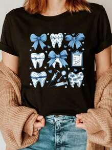 Coquette Bow Cute Teeth Dentist Dental Assistant T-Shirt - Black - View 1