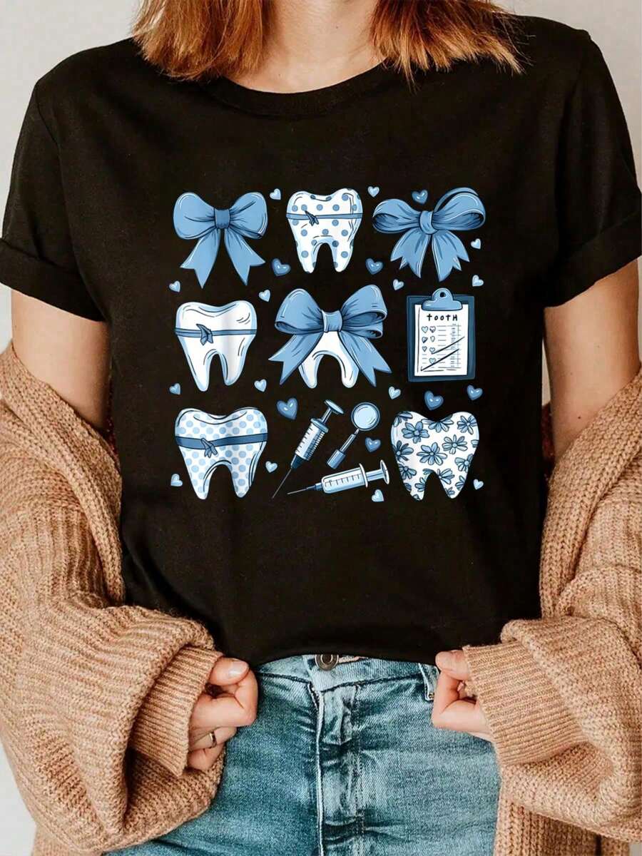 Coquette Bow Cute Teeth Dentist Dental Assistant T-Shirt - Black - View 1