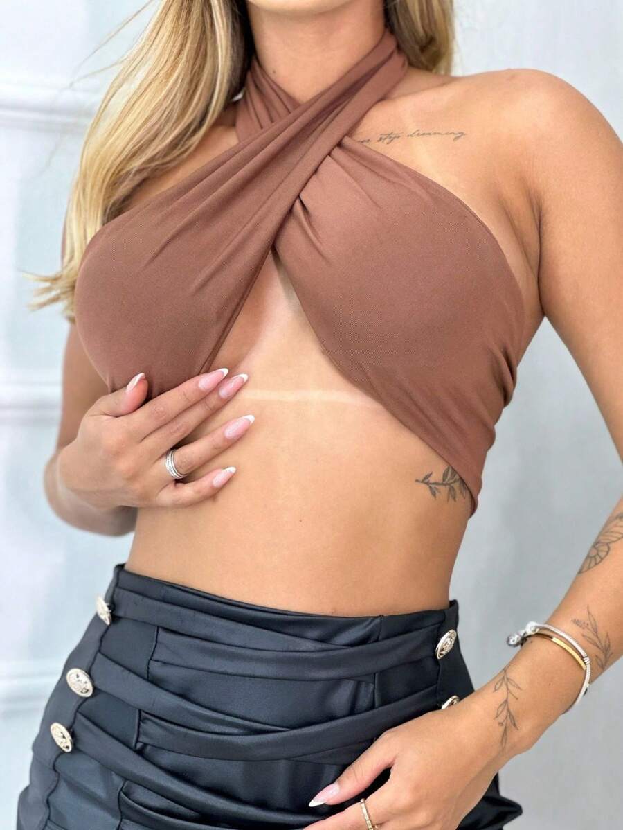 Wrap Top With Tie With Padded Tops Bandeau Crossover Fashion Blogger Party - Chocolate Brown - View 1