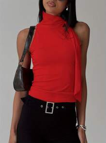 Women's High Neck Tank Tops Sleeveless Solid Color Slim Fitted Tops Summer Shirts - 紅色 - 查看 1