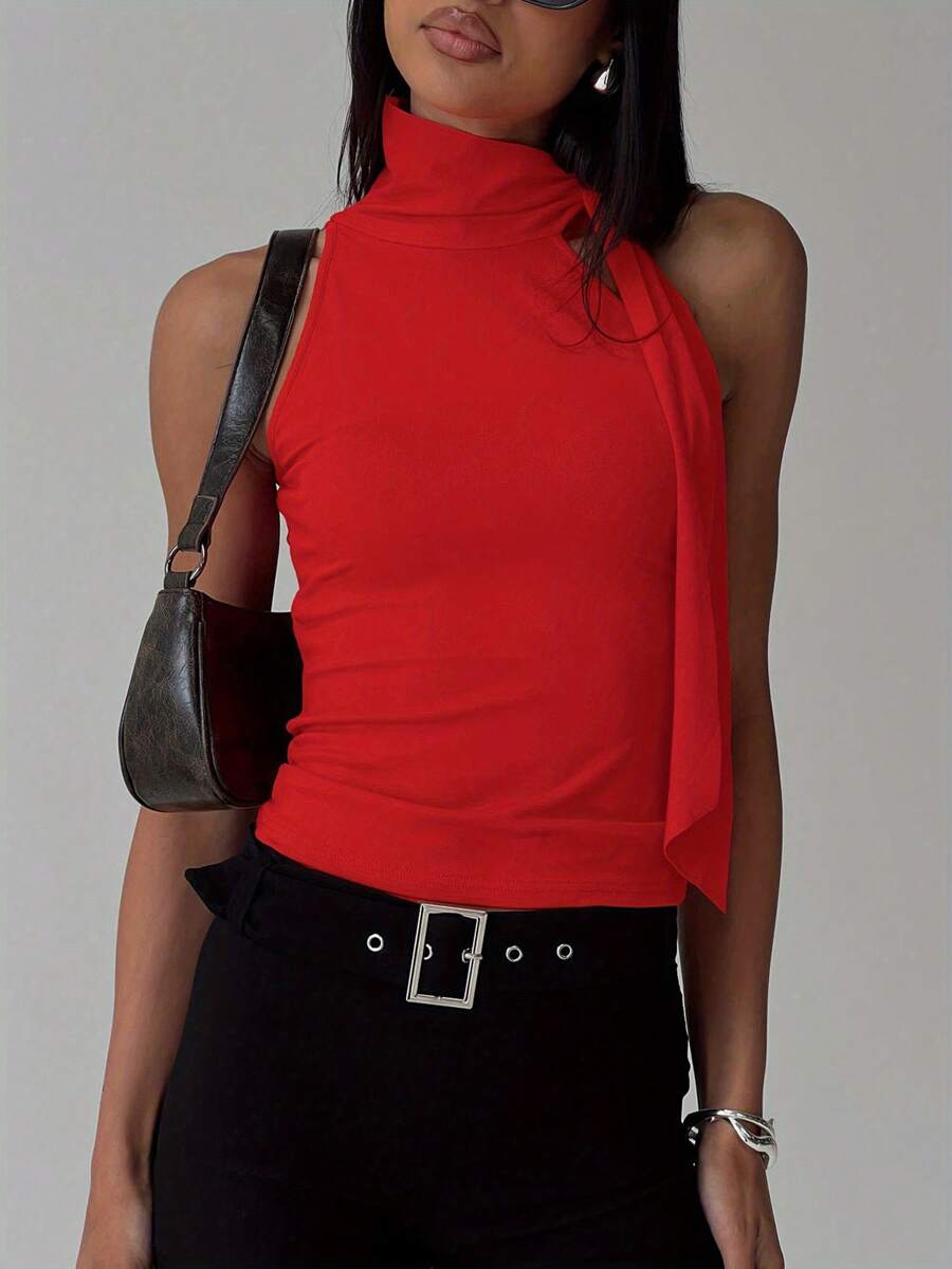 Women's High Neck Tank Tops Sleeveless Solid Color Slim Fitted Tops Summer Shirts - 紅色 - 查看 1