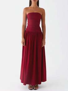 Women Tube Top Maxi Dress Elegant Sleeveless Strapless Ruched Flowy Dress Summer Long Wedding Party Cocktail Dresses - Red - View 4