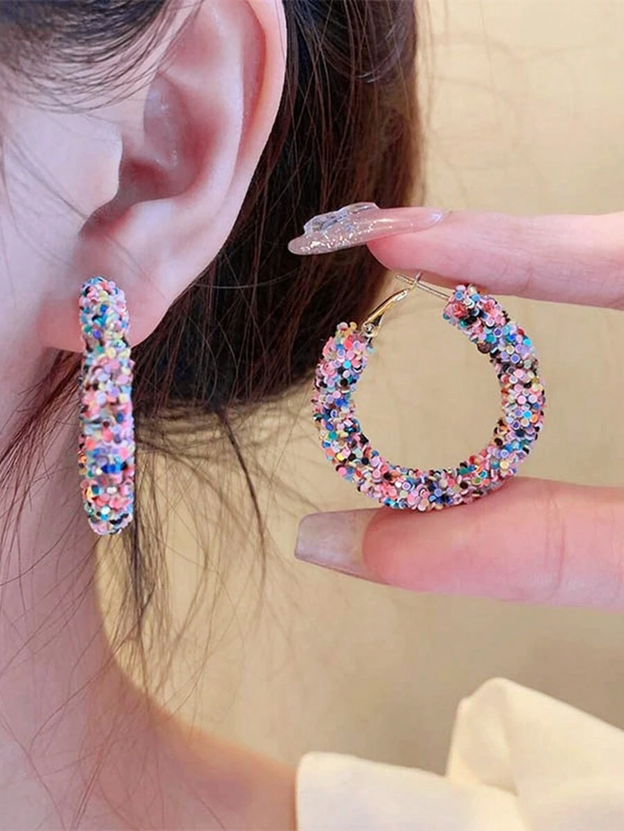 1 对时尚优雅彩色环形耳环，百搭闪亮耳环，适合日常佩戴，是情人节、妈妈、母亲、母亲节、礼物的绝佳礼物 - 彩色 - 查看 1