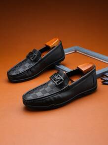 New Men's Loafers Low-Top Solid Color Plaid Pattern Metal Buckle Decor Leather Shoes, Suitable For Party, Commute, Riding, Casual, Travel, Camping, Fashionable & Versatile