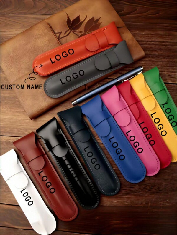 1pc Customizable Minimalist Solid Color PU Leather Pen Case, Business Portable Highly Attractive Protective Cover Flap-Top Storage Pouch With Logo/Text Engraving, Back To School Gift For Students,School Supplies