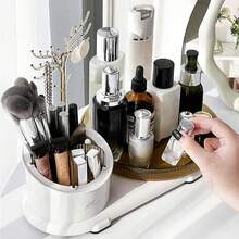 Caja de exhibición de cosméticos giratoria de 360 ​​​​°, almacenamiento de cosméticos de gran capacidad, con particiones, material plástico pulido, soporte elástico, sin fragancia especial, adecuada para productos para el cuidado de la piel y herramientas de maquillaje, puede acomodar al menos 20 pinceles de maquillaje / delineadores de ojos, 10 lápices labiales y 8 productos para el cuidado de la piel - Blanco - Ver 4