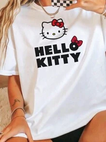 Hello Kitty 女款 T恤、睡衣、趣味上衣、度假夏季穿搭、趣味睡衣、服飾、睡袍、居家休閒圖案 T恤 - 白色 - 查看 2