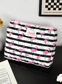 1pc Beautiful Black And White Striped Pink Flamingoquilted Makeup Bag.Valentines Travel Make Up Bag, Multifunctional Cosmetics Bag.Handheld Bathroom Wash Bag, Jewelry Storage Bag, Perfume Skin Care Storage Bag, Brush Bag, Sanitary Napkin Bag - Black and White - View 7