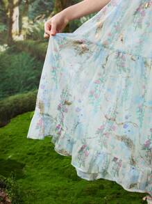 ASK JUNIOR 女童无袖露背连衣裙，金箔碎花图案荷叶边下摆长款海滩度假连衣裙，适合夏季 - 藍色 - 查看 11