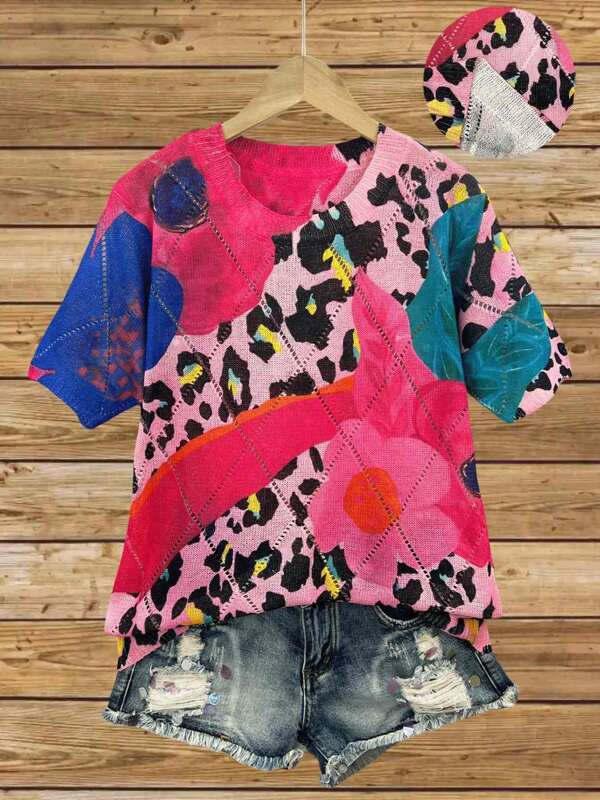 Fashionable New Round Neck Hollow-Out Knitted Blouse Top With Floral & Botanical Graphic Print, Fashionable Women Casual Tops, Spring/Summer