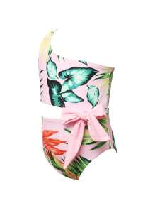 Fashion Parent-Child Swimwear Mom And Children Bow Oblique Shoulder Hollow High Waist One-Piece Swimsuit - Hồng - Xem 4