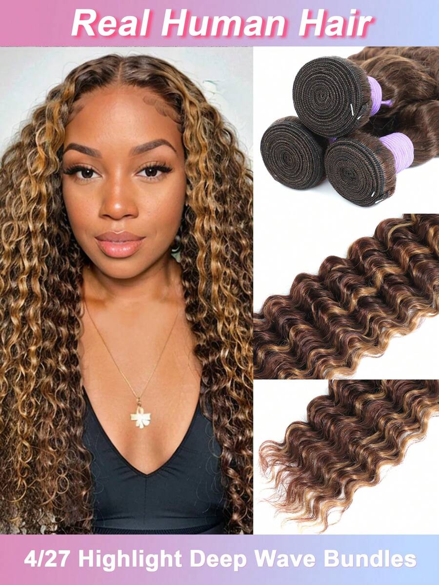 Curly Hair Honey Blonde Highlight 4/27 Human Hair Bundles Brazilian Deep Wave Bundles Human Hair 32 Inch Virgin Hair Weave 1PC Bundles Ombre Wavy 4/27 Colored For Women Human Hair - S4/27 - View 1