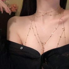 Sexy Rhinestone Beaded Body Chain, Women's Sexy Body Jewelry, Sparkling Pendant Tassel Necklace, Sexy Chest Chain, Stylish Sexy Elegant Chain For Women, Elegant Sexy Women Necklace