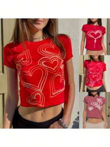 Women's Valentine's Day Crop Tops Short Sleeve Round Neck Heart Print Slimming Baby Tees