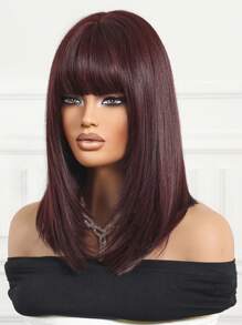 Comfortable Natural Bend 14-Inch Burgundy Short Bob Wig With Bangs Layered Fashion Wig For Women Synthetic Fiber Wigs Perfect For Holiday Travel Family Gatherings Everyday Wigs - 酒紅色 - 查看 7