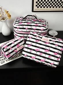 1pc Beautiful Black And White Striped Pink Flamingoquilted Makeup Bag.Valentines Travel Make Up Bag, Multifunctional Cosmetics Bag.Handheld Bathroom Wash Bag, Jewelry Storage Bag, Perfume Skin Care Storage Bag, Brush Bag, Sanitary Napkin Bag - Black and White - View 2