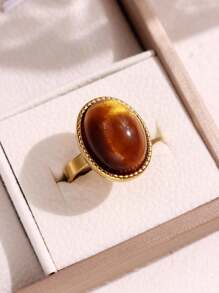 复古夸张棕色宝石椭圆形戒指，时尚不对称几何开口可调节不锈钢戒指，女士魅力珠宝礼物 - 多色 - 查看 9