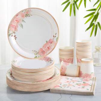 1 set engångsservis med konstfolie, gröna blad och blommor, 7/9 tums tallrikar och servetter med konstfolie, gröna blad och blommor, lämplig för födelsedagsfest, picknick, festdekorationer