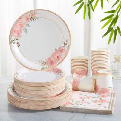 1set Faux Foil Green Leaf & Flower Design Disposable Tableware Set, 7/9 Inch Faux Foil Green Leaf & Flower Party Plates & Napkins, Suitable For Birthday Party, Picnic, Party Decor