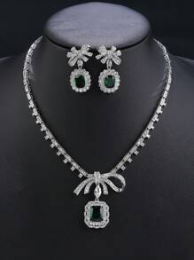 1 Conjunto de 3 piezas de joyería de lujo con diseño de lazo con circonita cúbica, collar y pendientes adecuados para fiesta de noche, accesorio de collar personalizado a juego con vestido de noche, boda, día de San Valentín, regalo para mamá, Día de la Madre