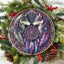 1 stuk grappige houten ronde wolf dromenvanger plaquette, vintage verjaardagscadeau, ornament, fantasierijke decoratie voor kamer, muur, huis, tuin, bar, diverse gatenpatronen