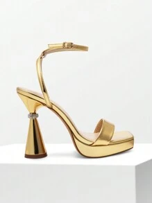 Women Platform High Heeled Sandals With 4.6-Inch Inverted Cone Heel Sexy Square Open Toe Ankle Strap Dress Heels Y2K Style - Vàng - Xem 5