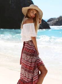 Women Boho Print High Waist Side Wrap Bohemian Asymmetric Hem Maxi Long Skirt - 紅色 - 查看 4