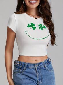 Womenacute;S Easter Crop Tee Cartoon BunnyEgg Print Short Sleeve Round Neck Slim Crop Tops
