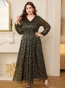 DEARCASE Plus Size Elegant Sparkle Twist Textured Long Sleeve Dress Spring - Black Gold - View 4