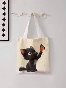 Katzen-Muster beidseitig bedruckte Schultertasche, bedruckte Handtasche, lässige Reise-Strandtasche mit großer Kapazität, wiederverwendbare Schulter-Einkaufstasche, Damen lässige Schultertasche, Handtasche mit großer Kapazität, Segeltuch-Strandtasche, Handtasche, Einkaufstasche, bedruckte Damen Einkaufstasche für den Rücken zur Schule, Schulmaterial, Rückkehr zur Schule