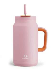 50 盎司帶手柄和吸管的玻璃杯，100% 防漏隔熱玻璃杯，帶蓋子和吸管，不銹鋼旅行杯，冷藏 34 小時，適合汽車杯架 - 粉色 - 查看 1