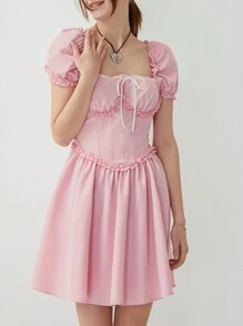 Women's Off Shoulder Layer Ruffle Dress Bow Tie Short Sleeves Corset Mini Dress Flowy Pirate Dress Fairy Costume For Beach Cocktail Party Summer Streetwear - Hồng - Xem 4