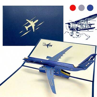1pc 3D Airplane Model Greeting Card Creative Hand Hollowed Out Paper Paper Cuttings Party Gift Holiday Supplies Birthday Wishes Card,Back To School,School Supplies