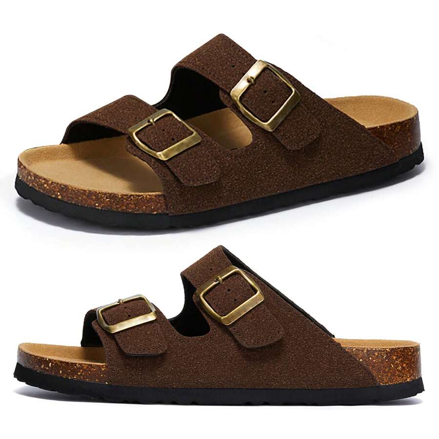Women's Slip-On Sandals With Straps Adjustable Buckle Comfort Cork Footbed Slide Sandals - Coffee Brown - View 1