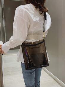 透明果冻托特包、沙滩包、女士时尚多件套包、手提包、单肩包、斜挎包 - 黑色 - 查看 4