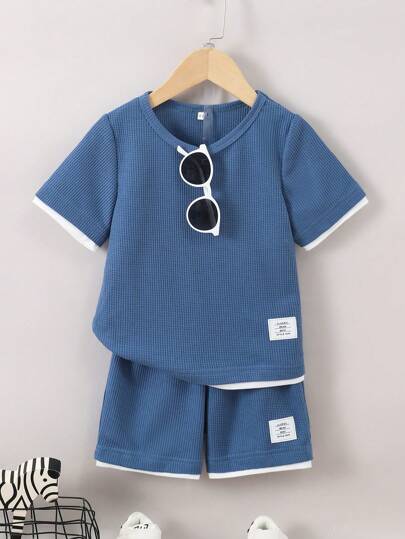 Young Boy Summer Short Sleeve Waffle Fabric Color Block Casual Sports Outfit