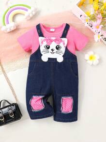 Soft & Comfortable Fashion Cute Young Girls Solid Color Round Neck T-Shirt And Bowknot Decor 3D Cat Print Bib Denim Jumpsuit Shorts, Spring/Summer Casual Daily Holiday Party Outfit - Multicolor - View 1