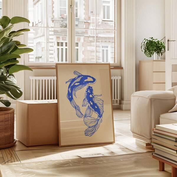 Stampa su tela di pesce Koi blu, opera d'arte da parete in stile giapponese retrò per la buona fortuna, ideale come regalo di San Valentino, quadro su tela, decorazione per casa, opzionale con cornice